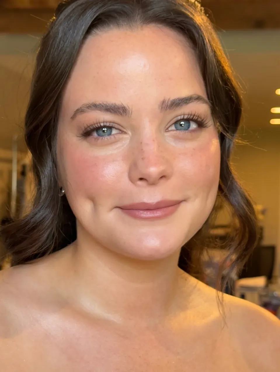Natural skin-like bridal makeup, freckles showing through